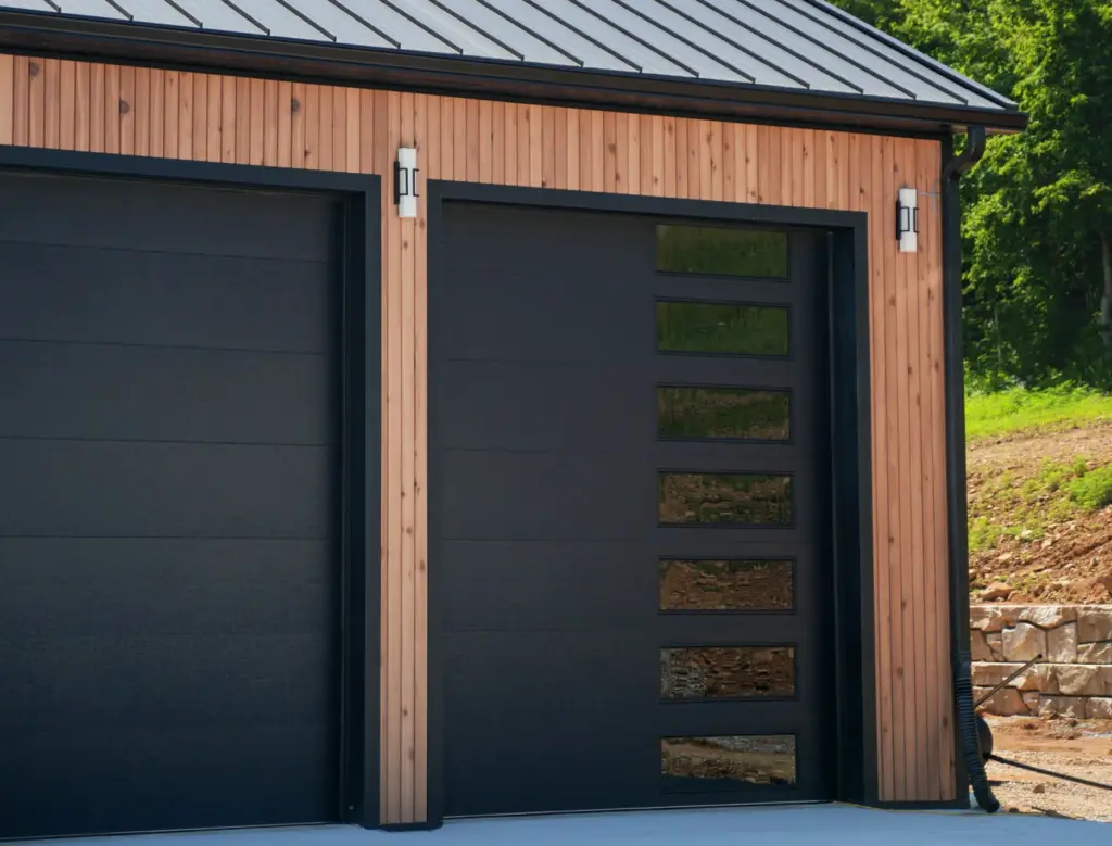 Smooth cedar metal flush panels installed on a garage in Northwest, Arkansas