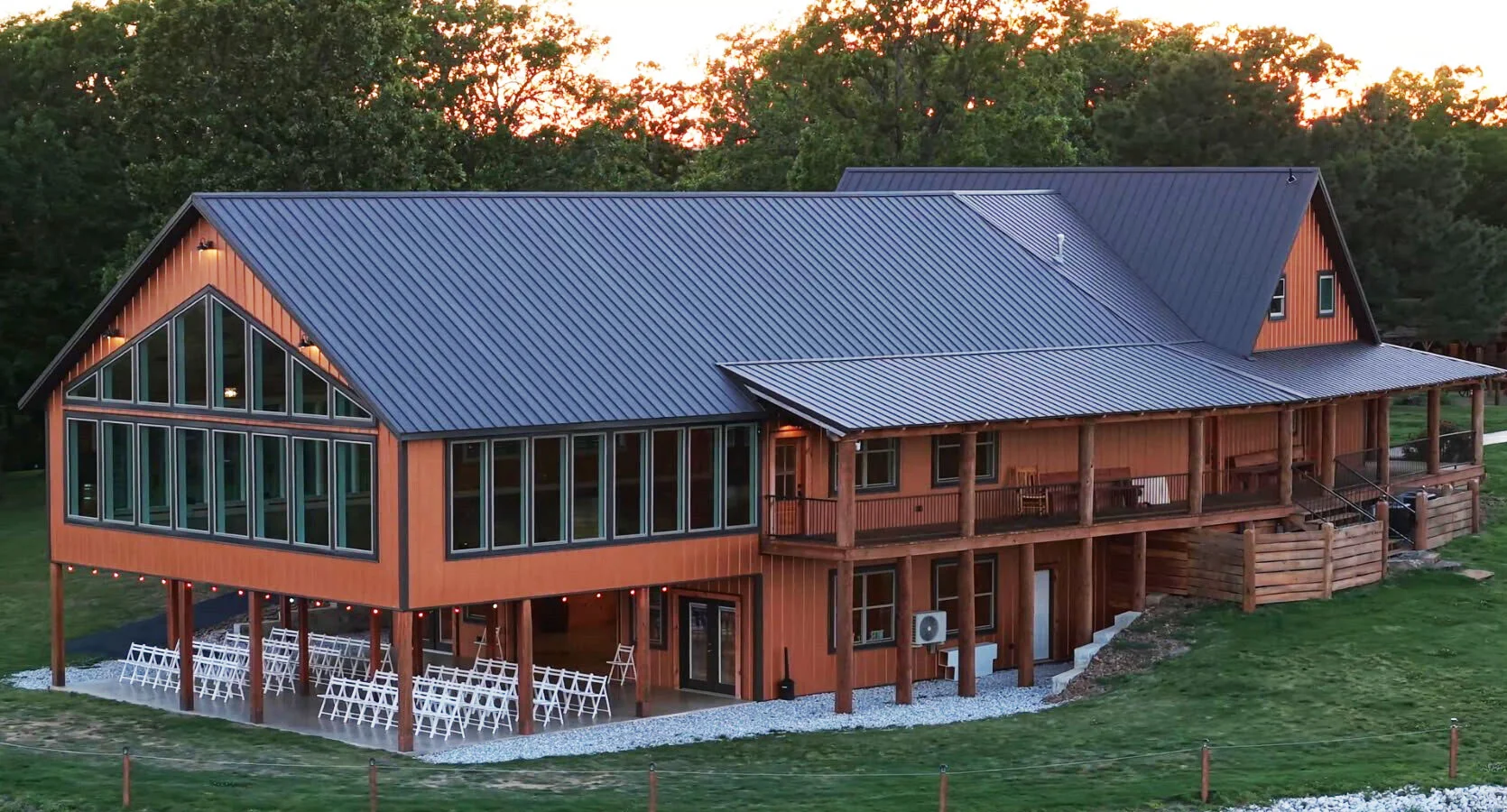 Aerial view of ponderosa mountain venue in Fayetteville, Arkansas showing metal roof and copper metal siding