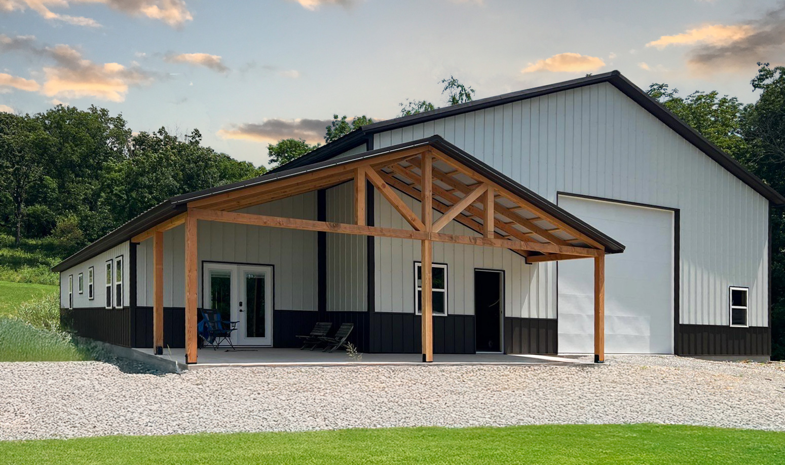 black standing seam metal roof in fayetteville arkansas with a rock chimney